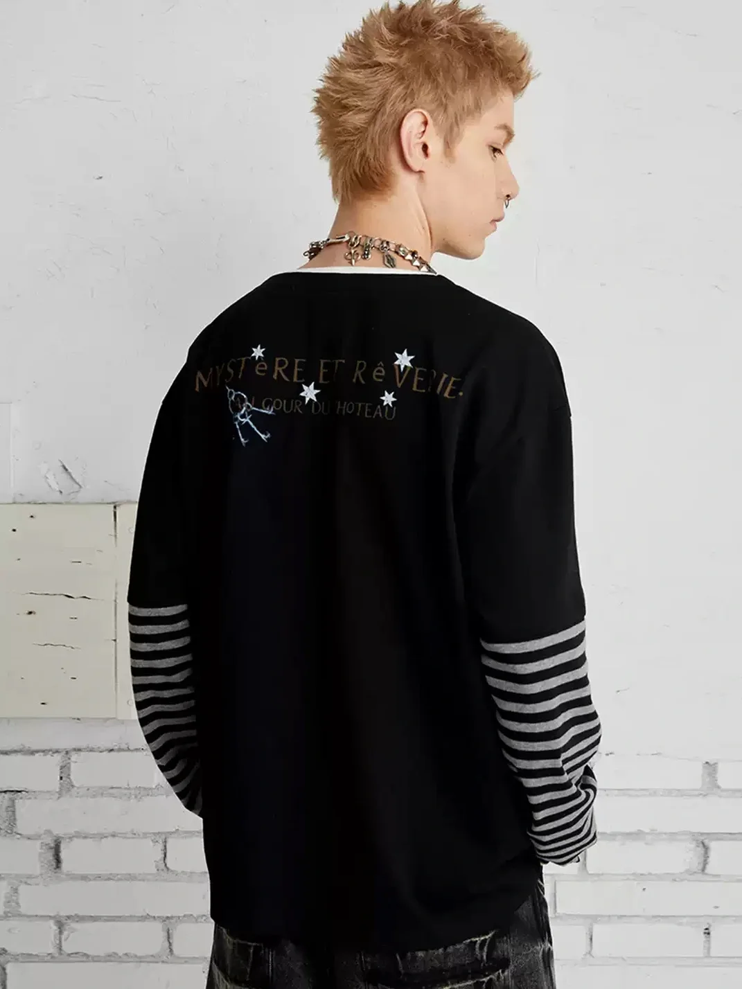 PasET | Loose Layered Henley Striped Graphic Long Sleeve T-Shirt