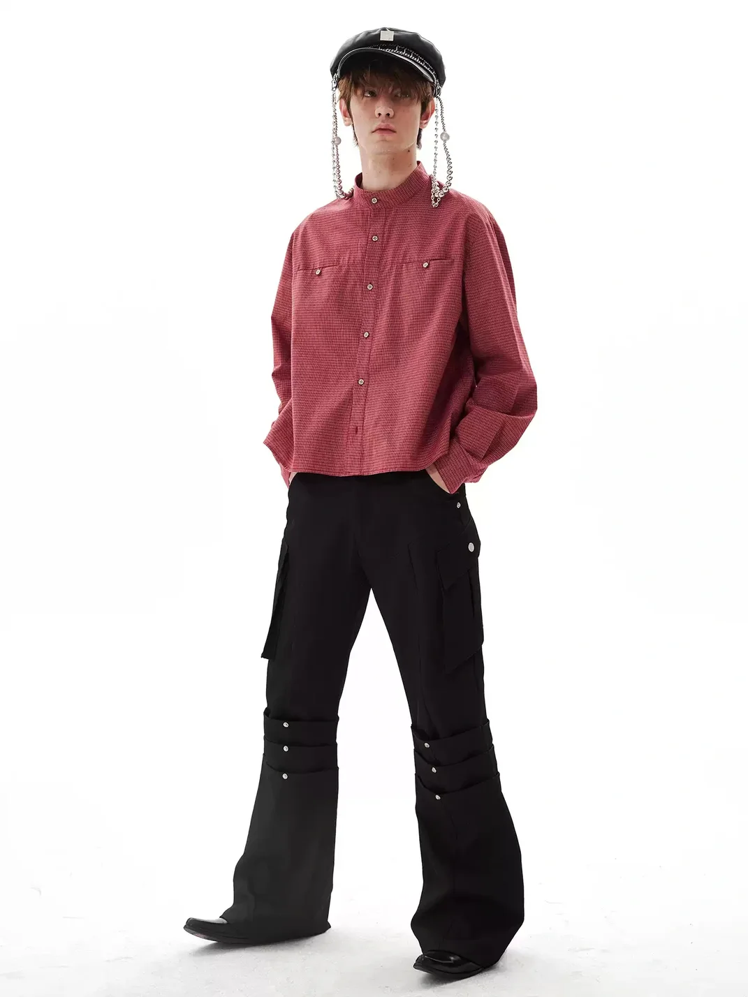 PasET | Cropped Wide-Fit Check Stand-Collar Shirt