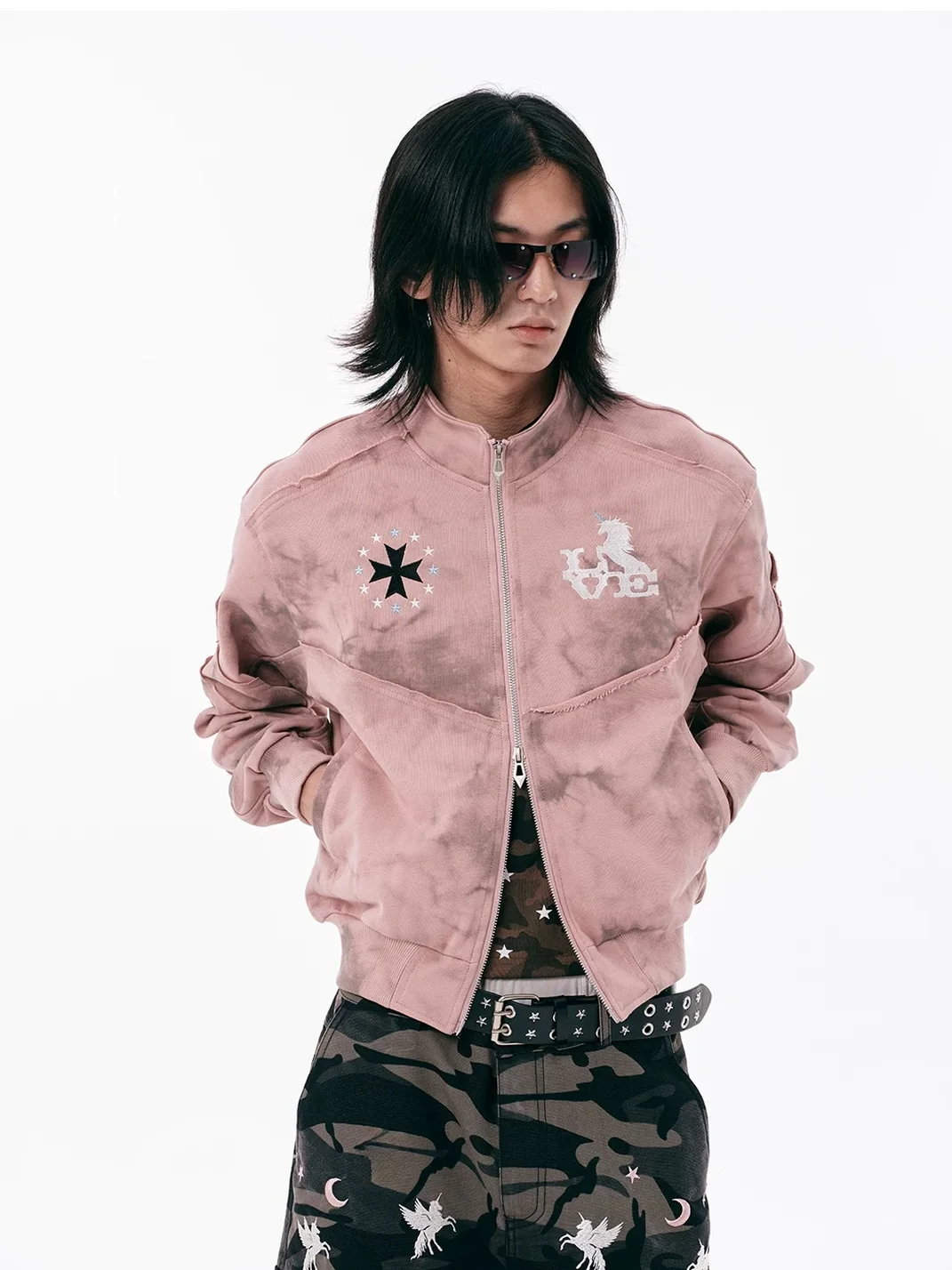 PasET | Pink Distressed Embroidered Cropped Zip-Up Jacket