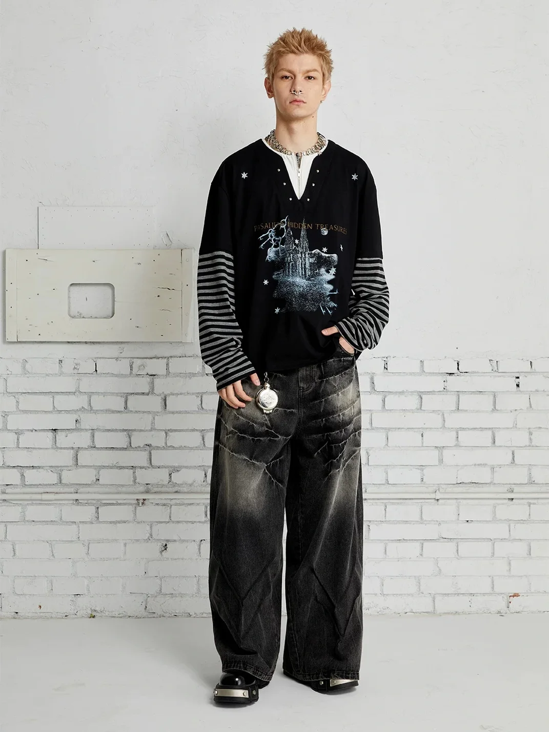PasET | Loose Layered Henley Striped Graphic Long Sleeve T-Shirt