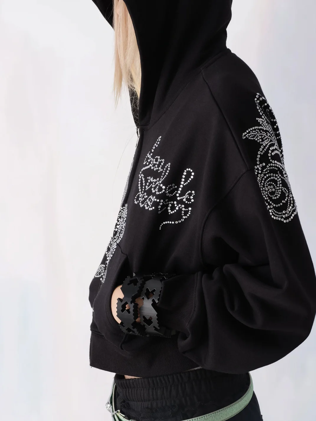 CHAI | Cropped Rhinestone Rose Zip-Up Hoodie