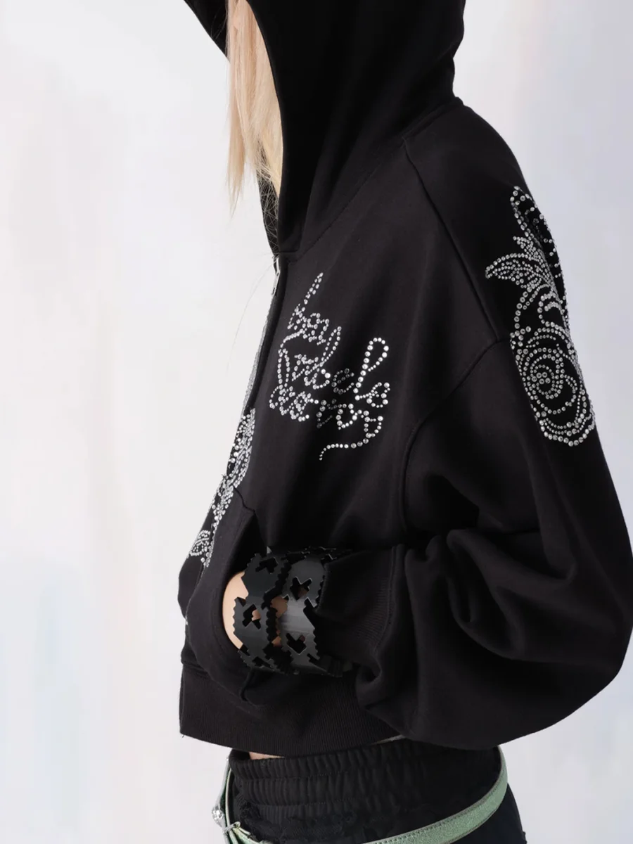 CHAI | Cropped Rhinestone Rose Zip-Up Hoodie - 4