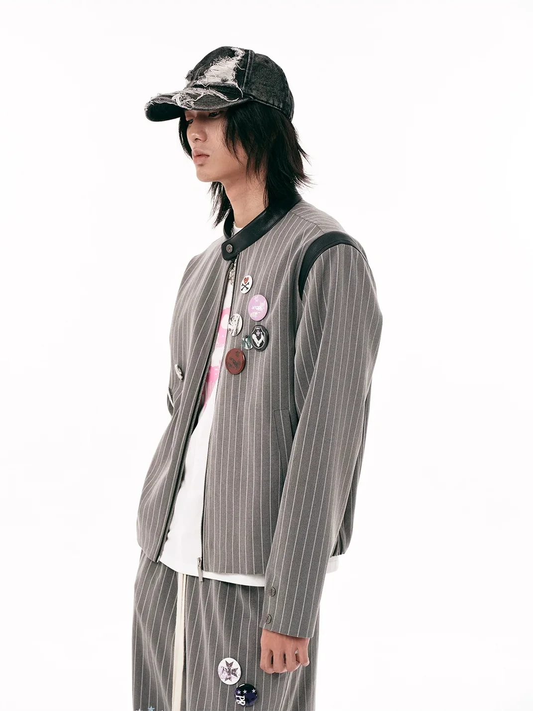 PasET | Cropped Pinstripe Embroidered Badge Jacket