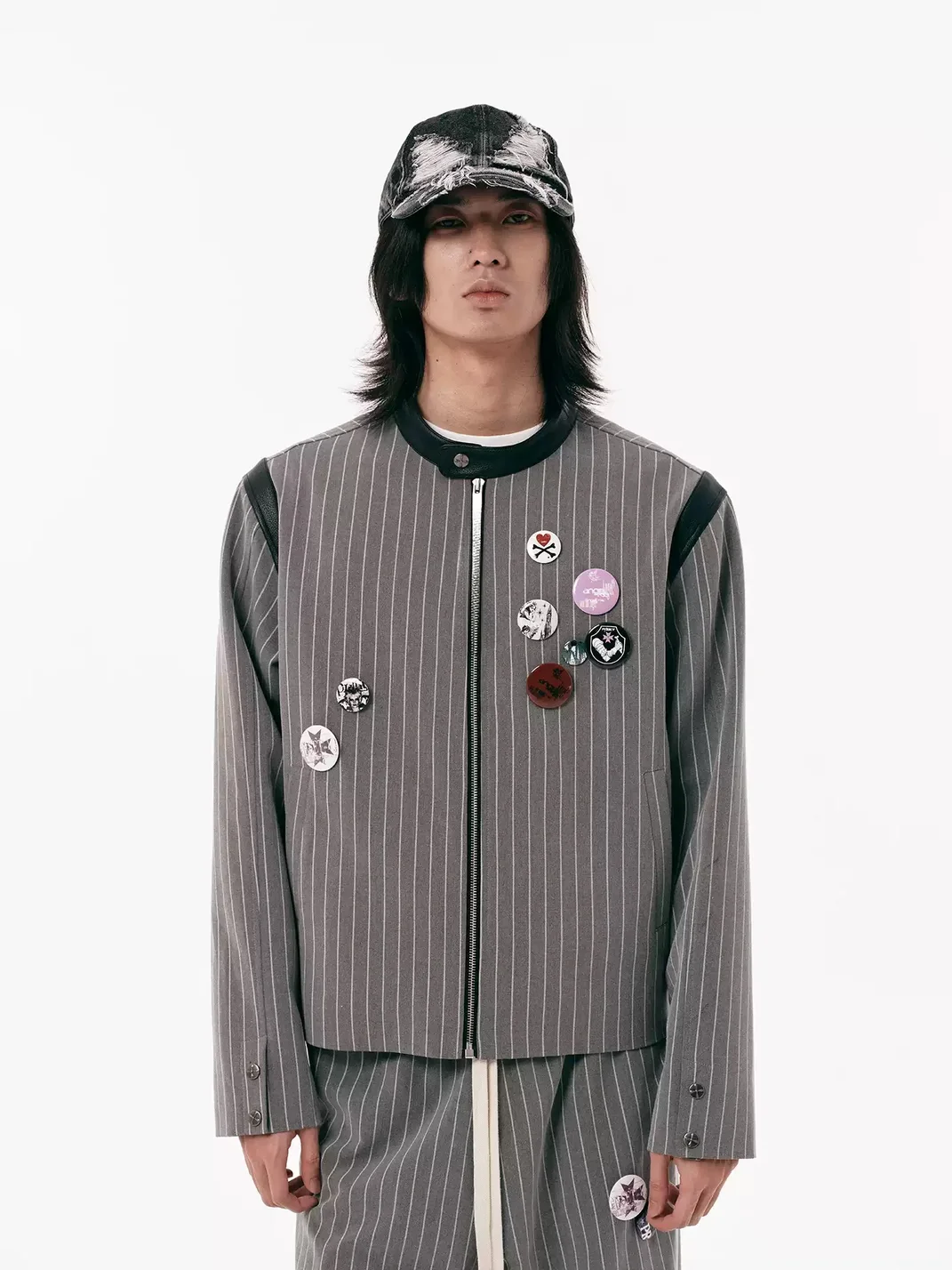 PasET | Cropped Pinstripe Embroidered Badge Jacket