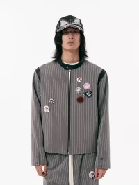 PasET | Cropped Pinstripe Embroidered Badge Jacket