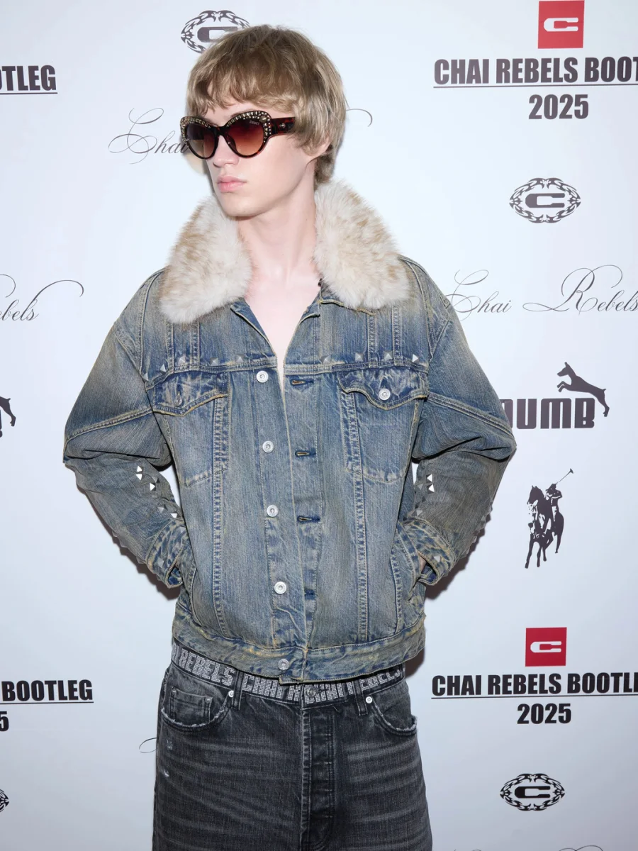 CHAI | Studded Washed Denim Jacket With Detachable Fur Collar - 2