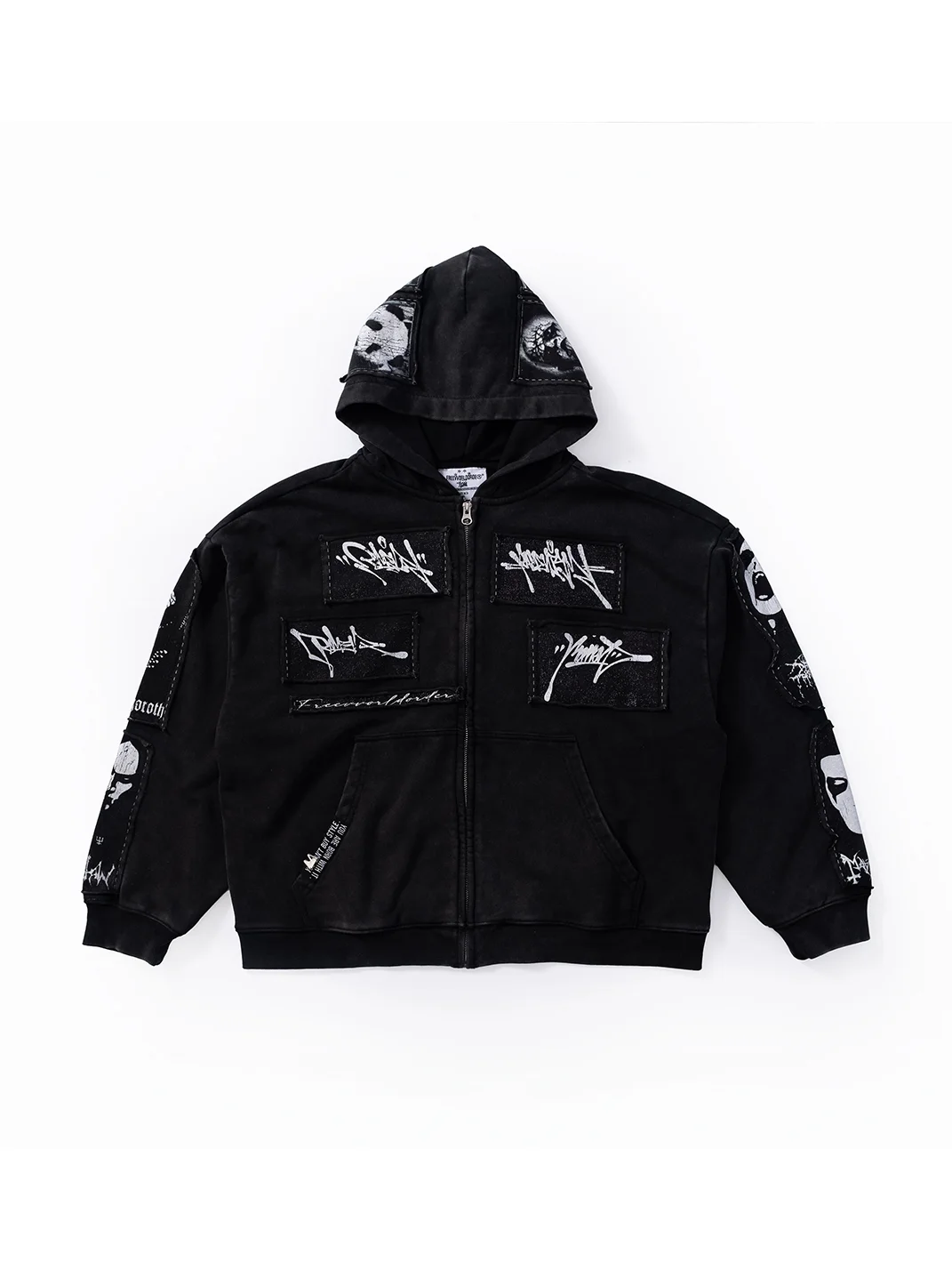 FVVO | Washed Patch Print Zip-Up Hoodie