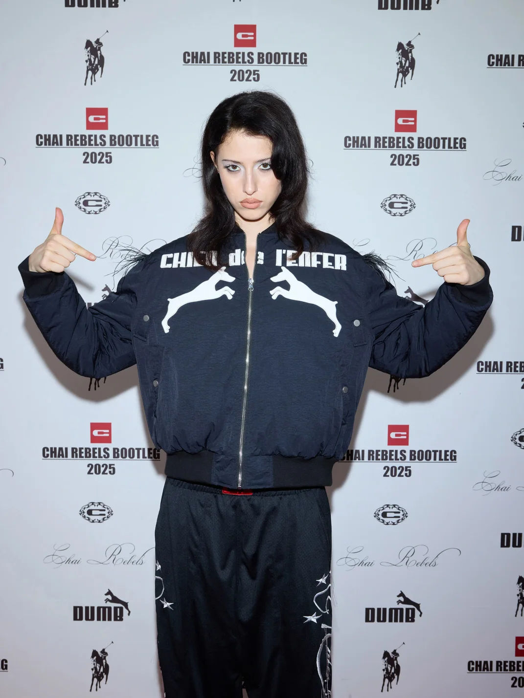 CHAI | Cropped Loose-Fit Dog Appliqué Bomber Jacket
