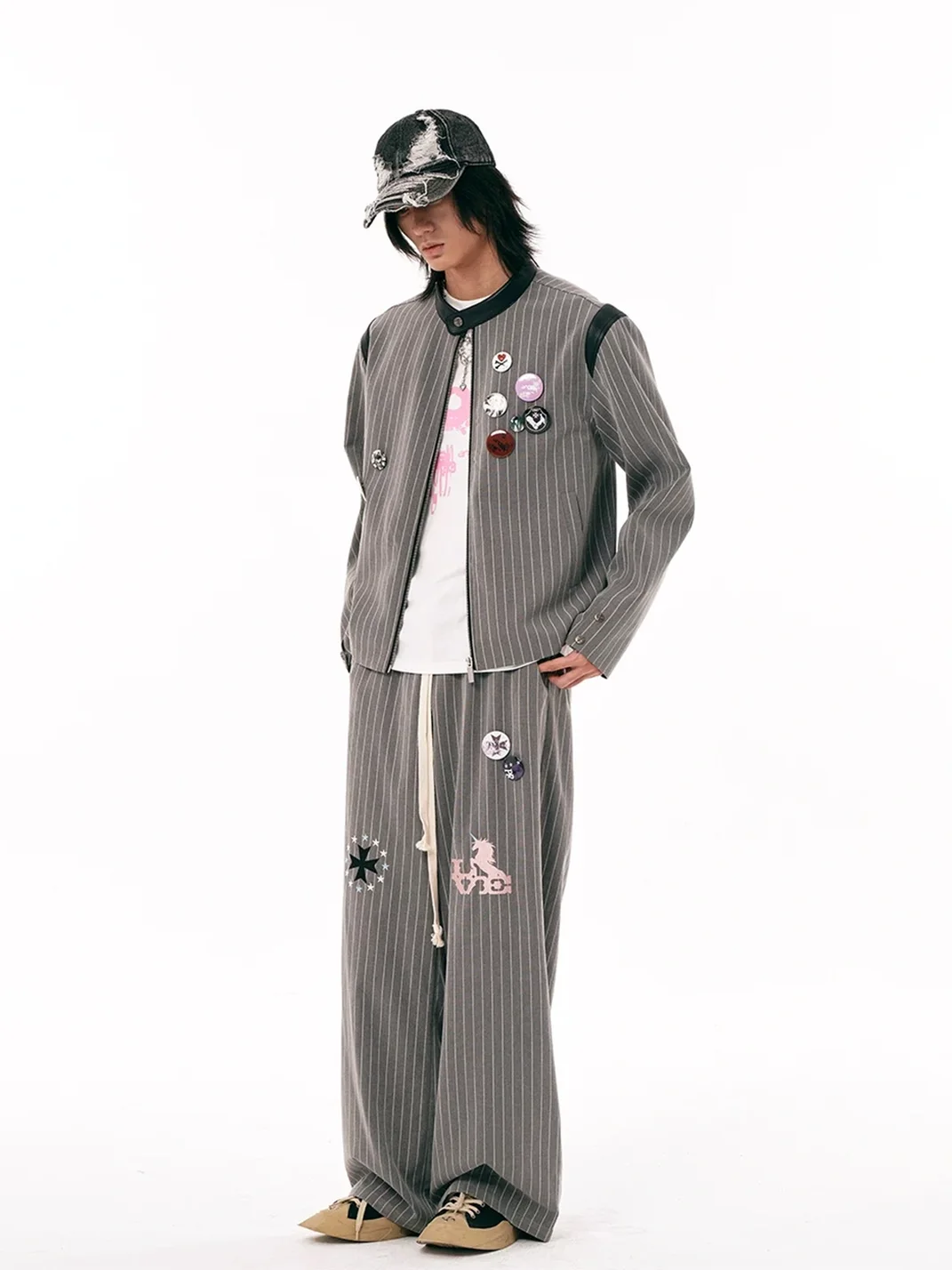 PasET | Cropped Pinstripe Embroidered Badge Jacket