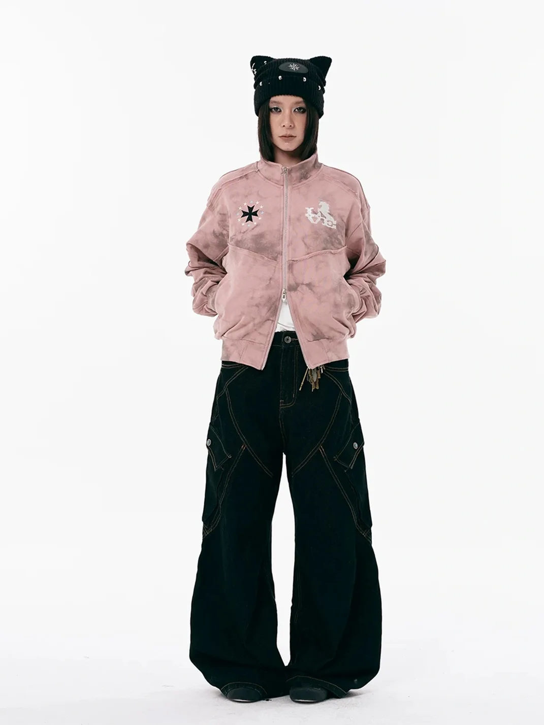 PasET | Pink Distressed Embroidered Cropped Zip-Up Jacket