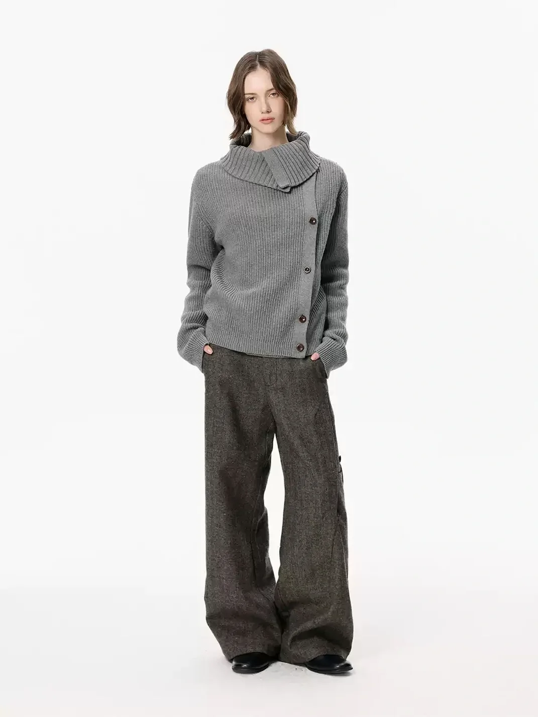 KREATE | Slim Fit Ribbed Stand Collar Asymmetric Cardigan