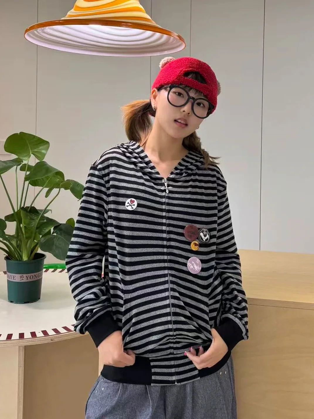 PasET | Striped Cross-Embroidered Zip-Up Hoodie