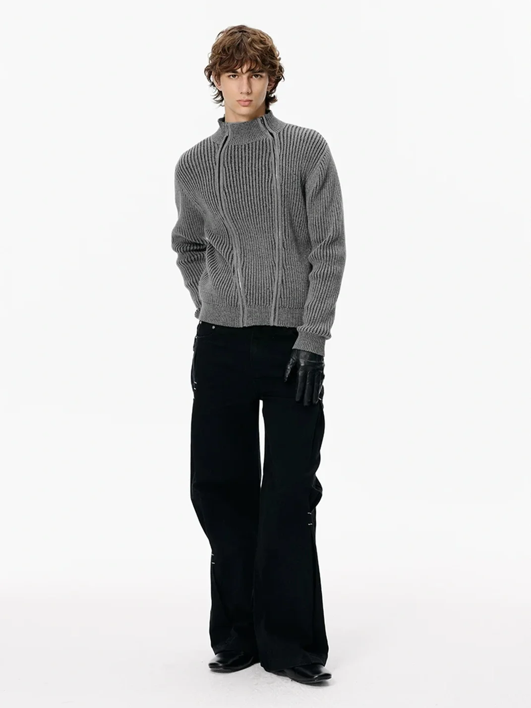 KREATE | Ribbed Slim Fit Double-Zip Stand-Collar Cardigan