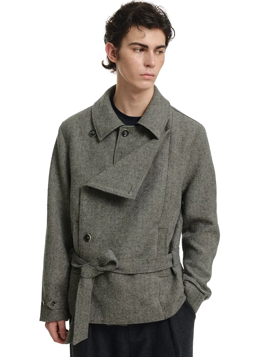 KREATE | Herringbone Double-Breasted Belted Wool-Blend Jacket