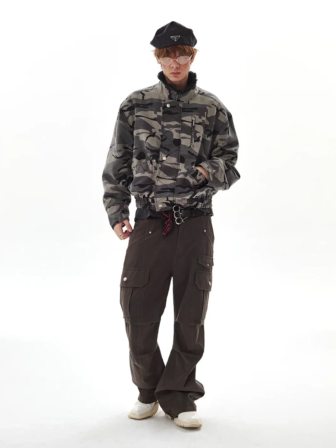 PasET | Cropped Loose Fit Camouflage Stand Collar Jacket