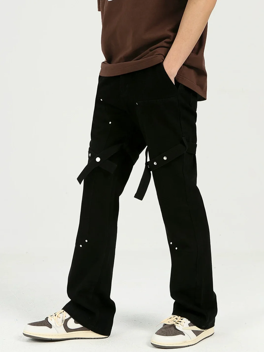 PasET | Black Slim-Fit Slightly Flared Strap Jeans