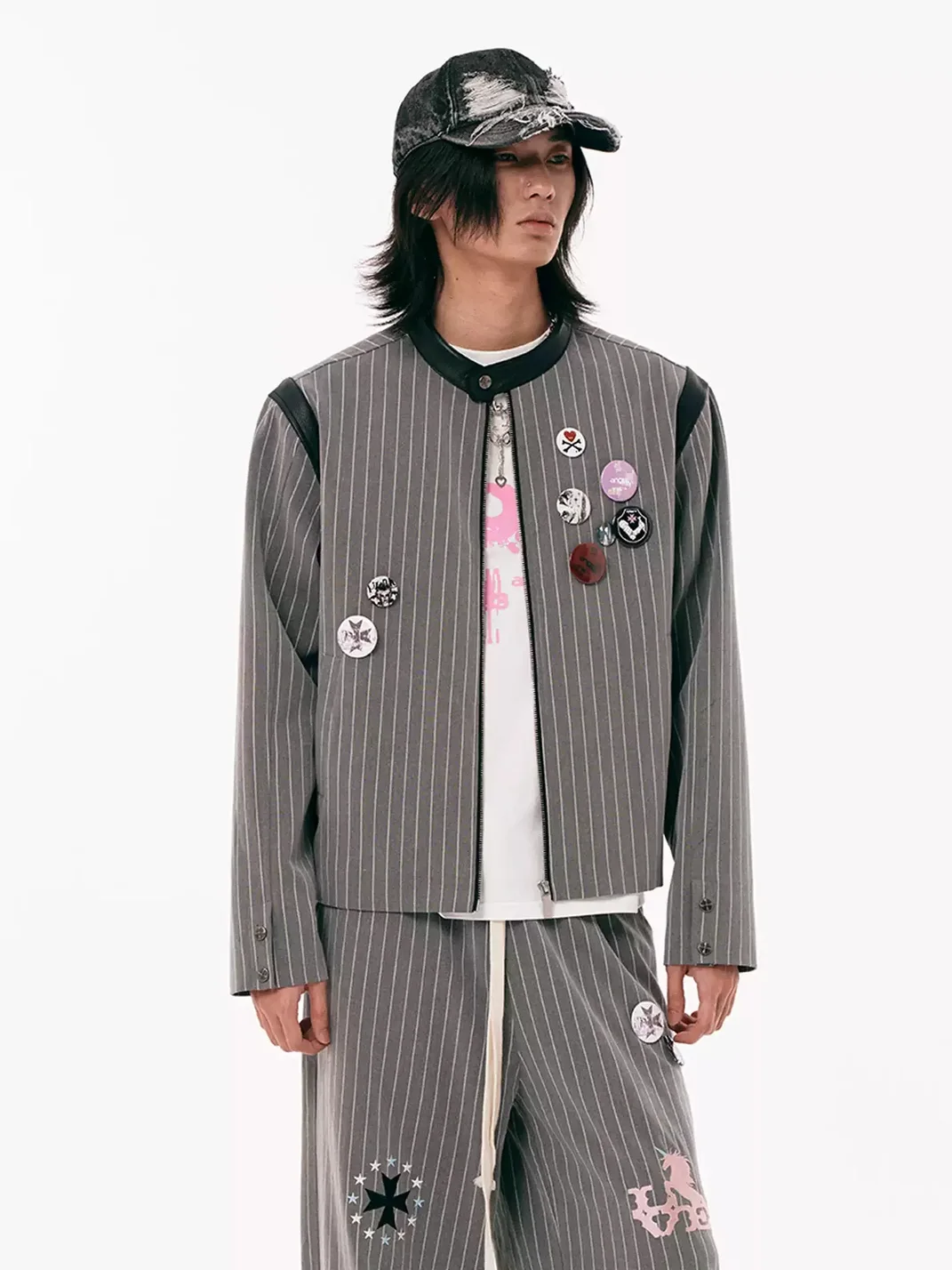 PasET | Cropped Pinstripe Embroidered Badge Jacket