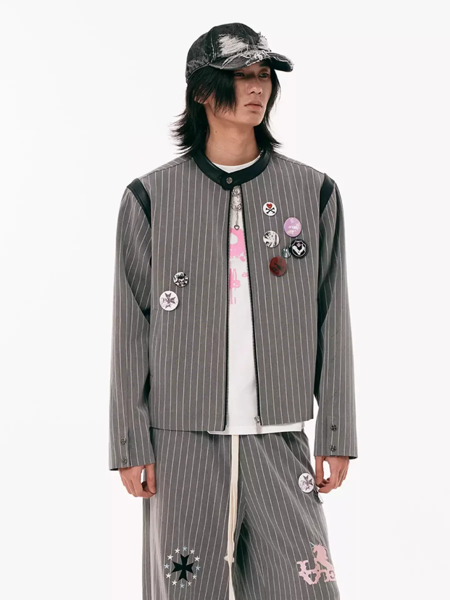 PasET | Cropped Pinstripe Embroidered Badge Jacket - 3