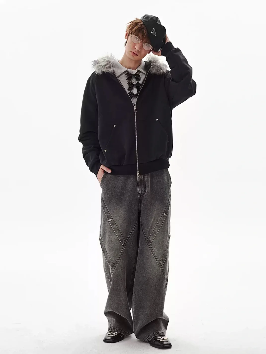 PasET | Fur-Trimmed Hooded Patchwork Zip Jacket