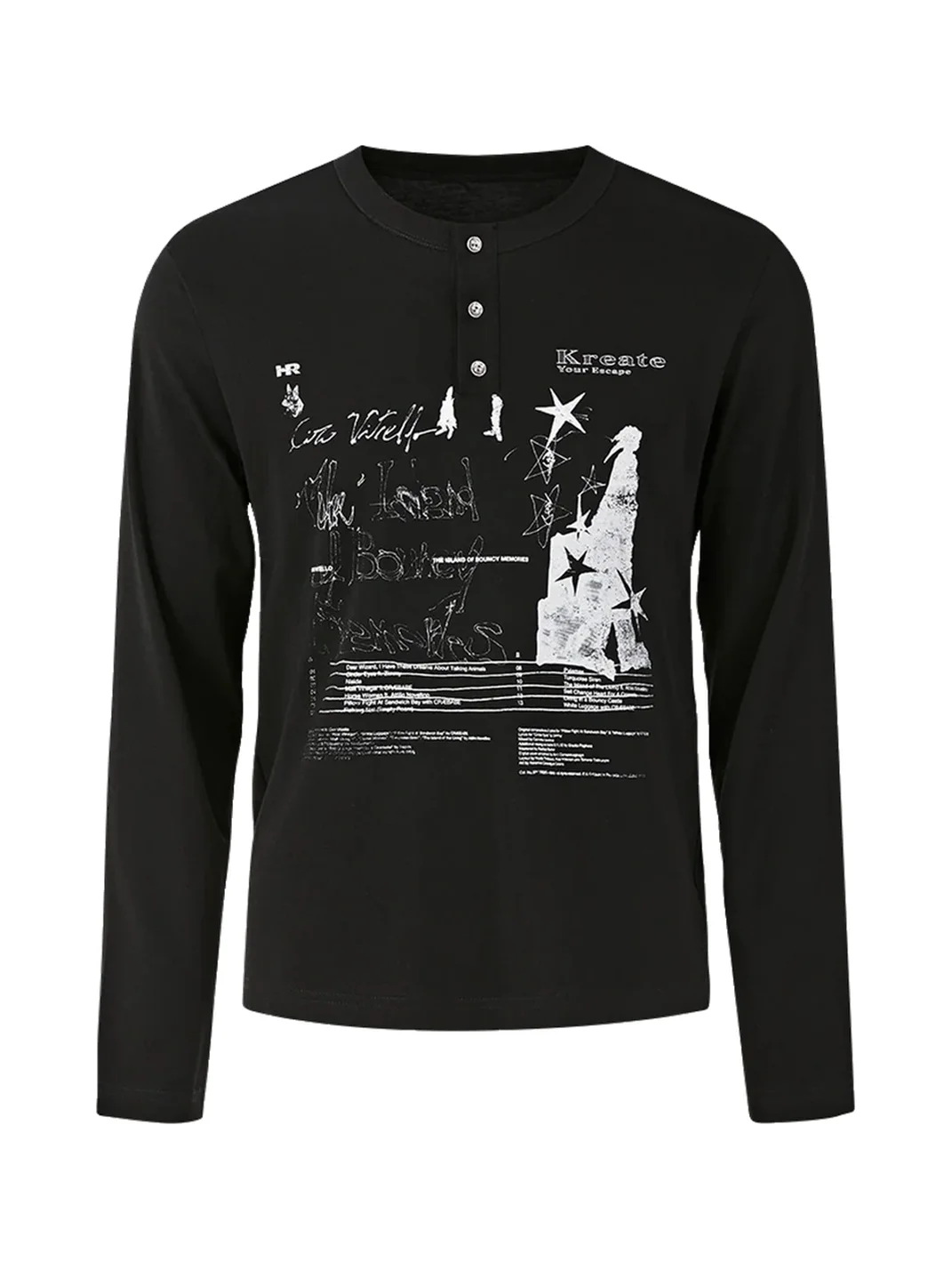 KREATE | Distressed Print Long Sleeve Henley T-Shirt