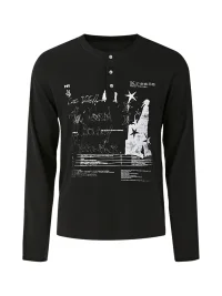 KREATE | Distressed Print Long Sleeve Henley T-Shirt