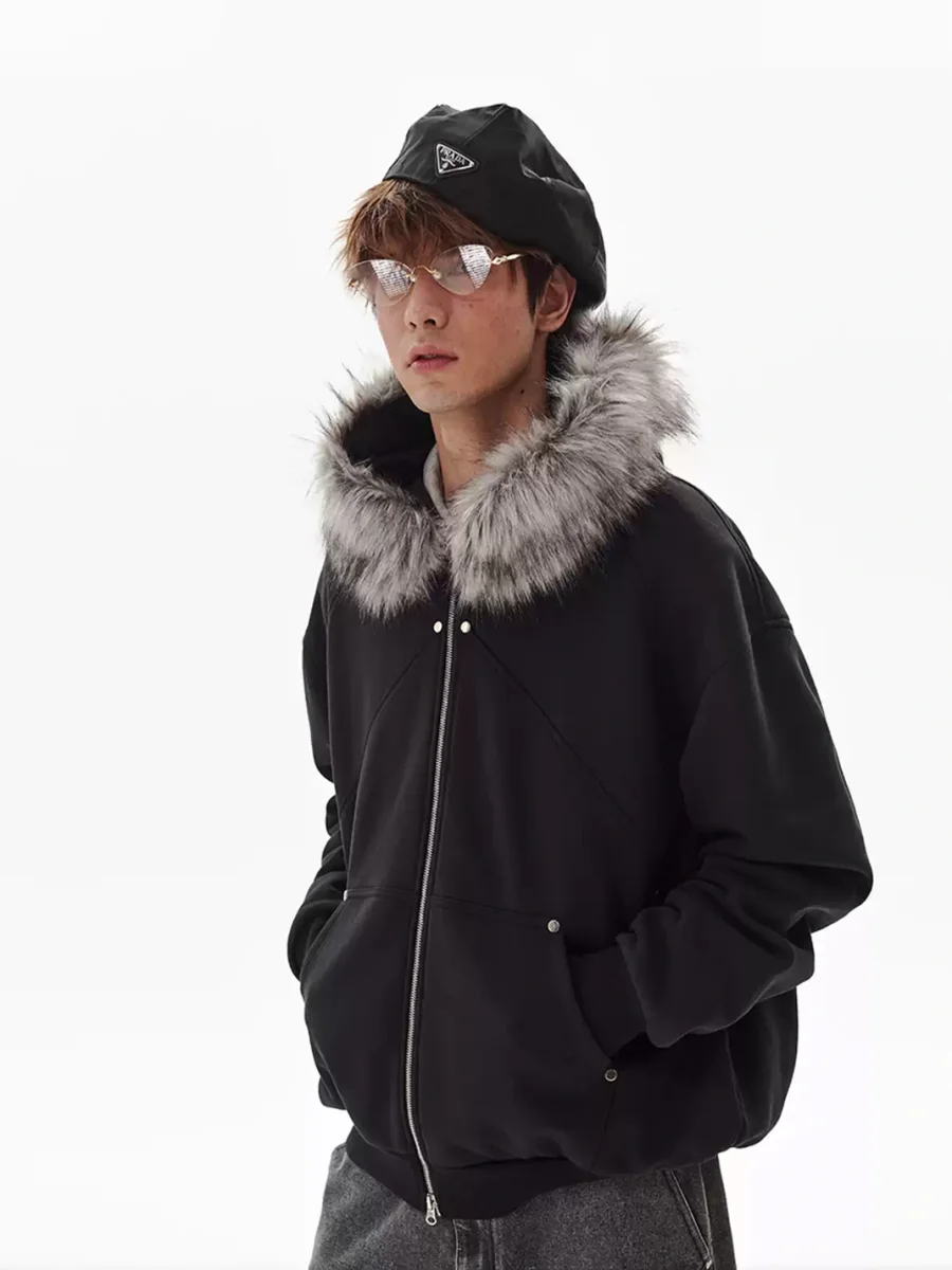 PasET | Fur-Trimmed Hooded Patchwork Zip Jacket - 2