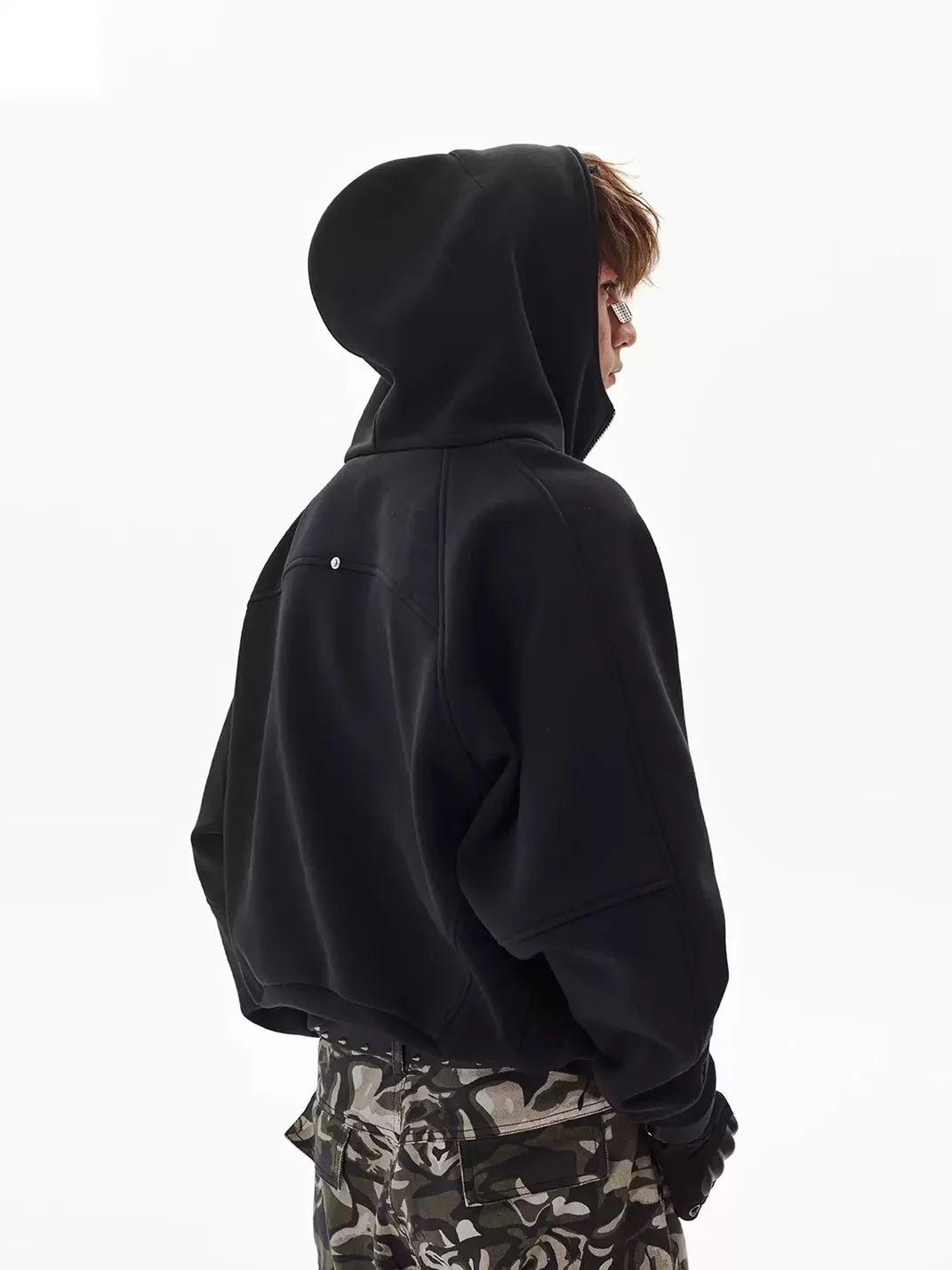 PasET | Cropped Loose Half-Zip Paneled Studded Hoodie