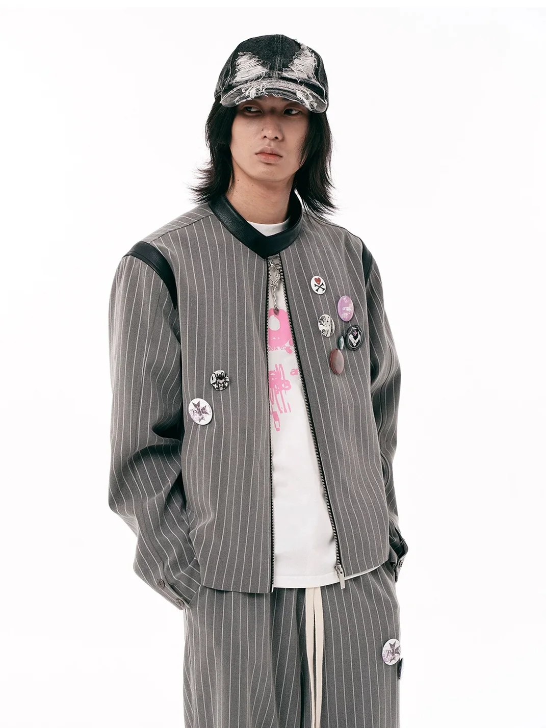 PasET | Cropped Pinstripe Embroidered Badge Jacket