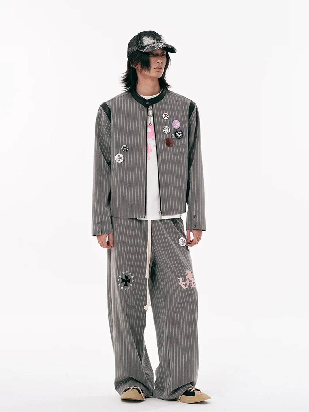 PasET | Striped Embroidered Wide-Leg Pants