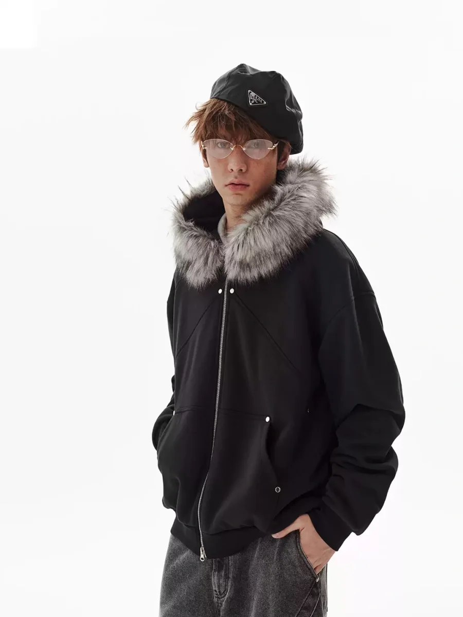 PasET | Fur-Trimmed Hooded Patchwork Zip Jacket - 4