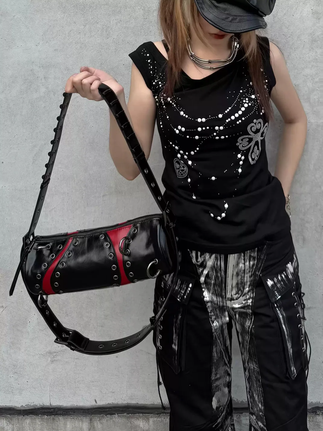 Antiphase | Studded Colorblock Cylinder Shoulder Bag With Adjustable Strap