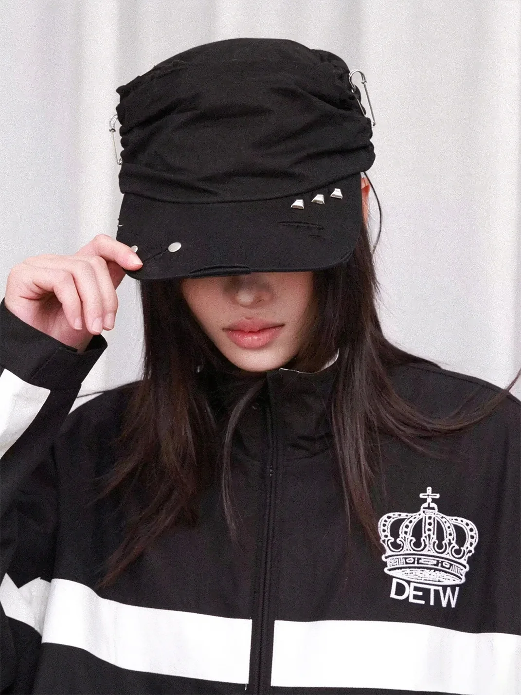 DETW | Studded Safety Pin Pleated Distressed Flat Top Hat