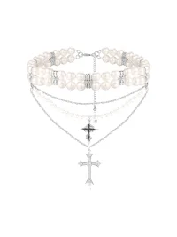 OCTO VITA | Three-Layer Pearl Cross Necklace
