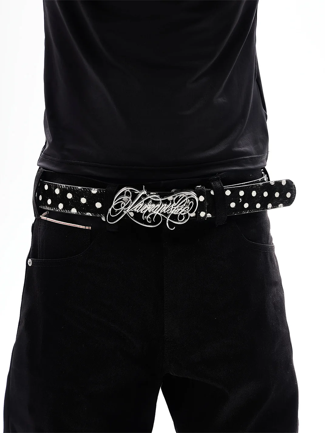 KARMANISTIC | Polka Dot Rhinestone Logo Leather Belt