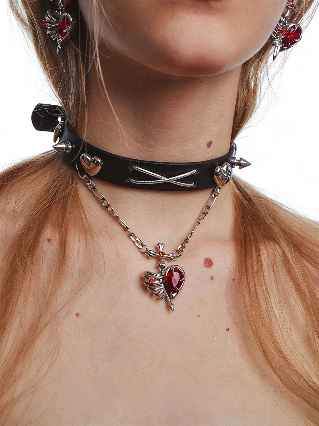 OCTO VITA | PU Leather Studded Cutout Heart Pendant Choker