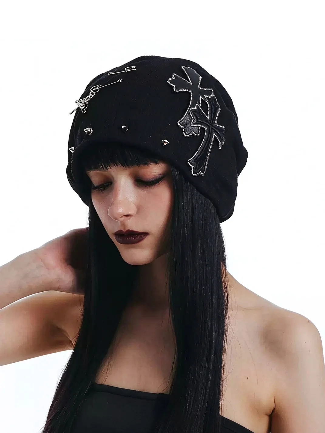 OCTO VITA | Black Cross Applique Studded Slouchy Knit Beanie