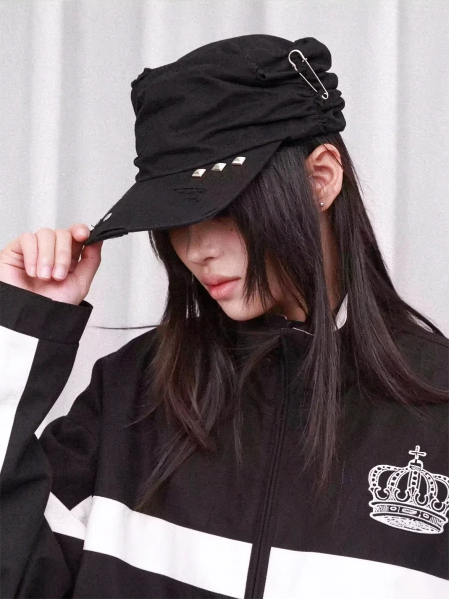 DETW | Studded Safety Pin Pleated Distressed Flat Top Hat - 3