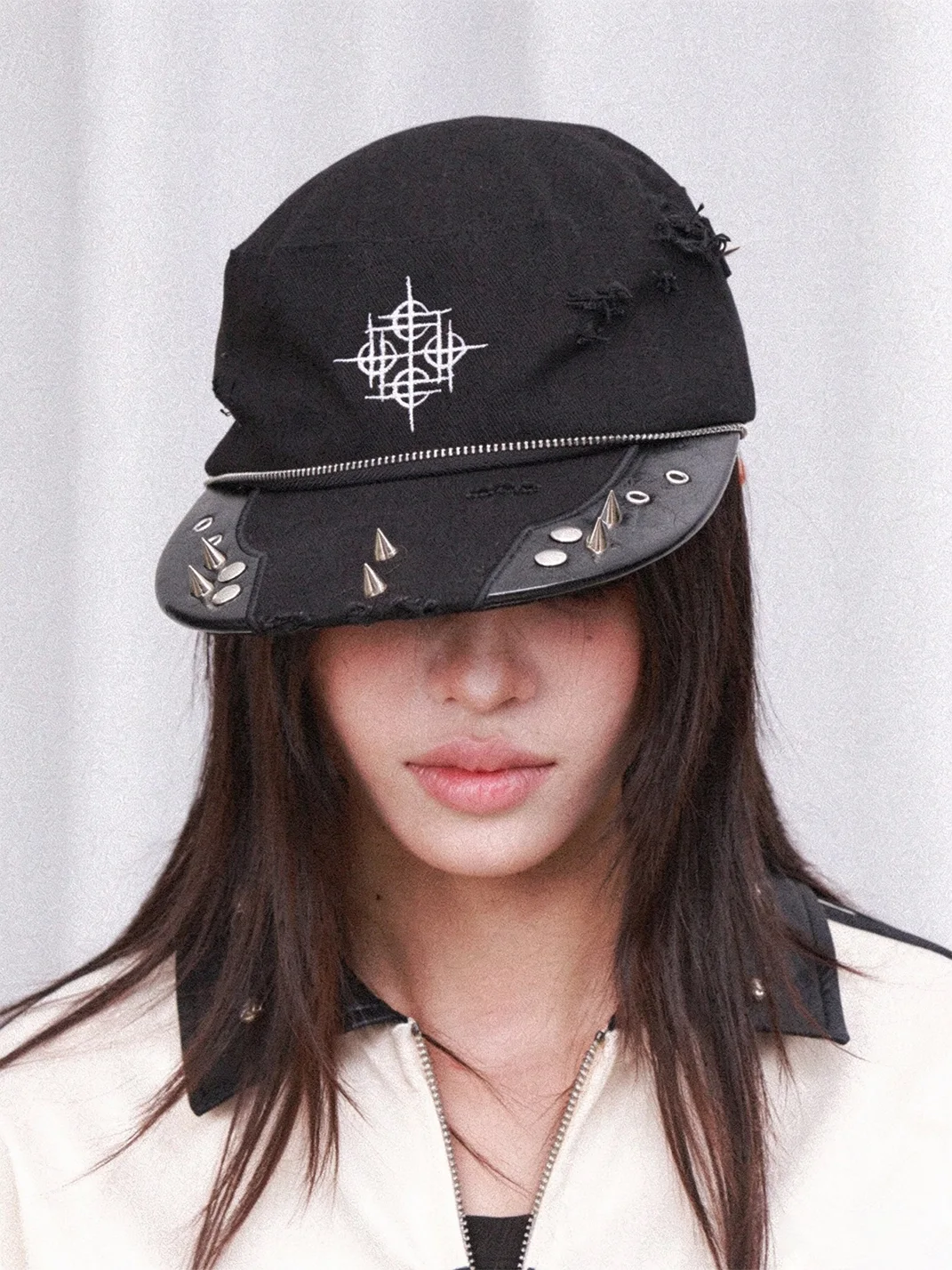DETW | Distressed Embroidered Studded Zipper Flat-Top Baseball Cap