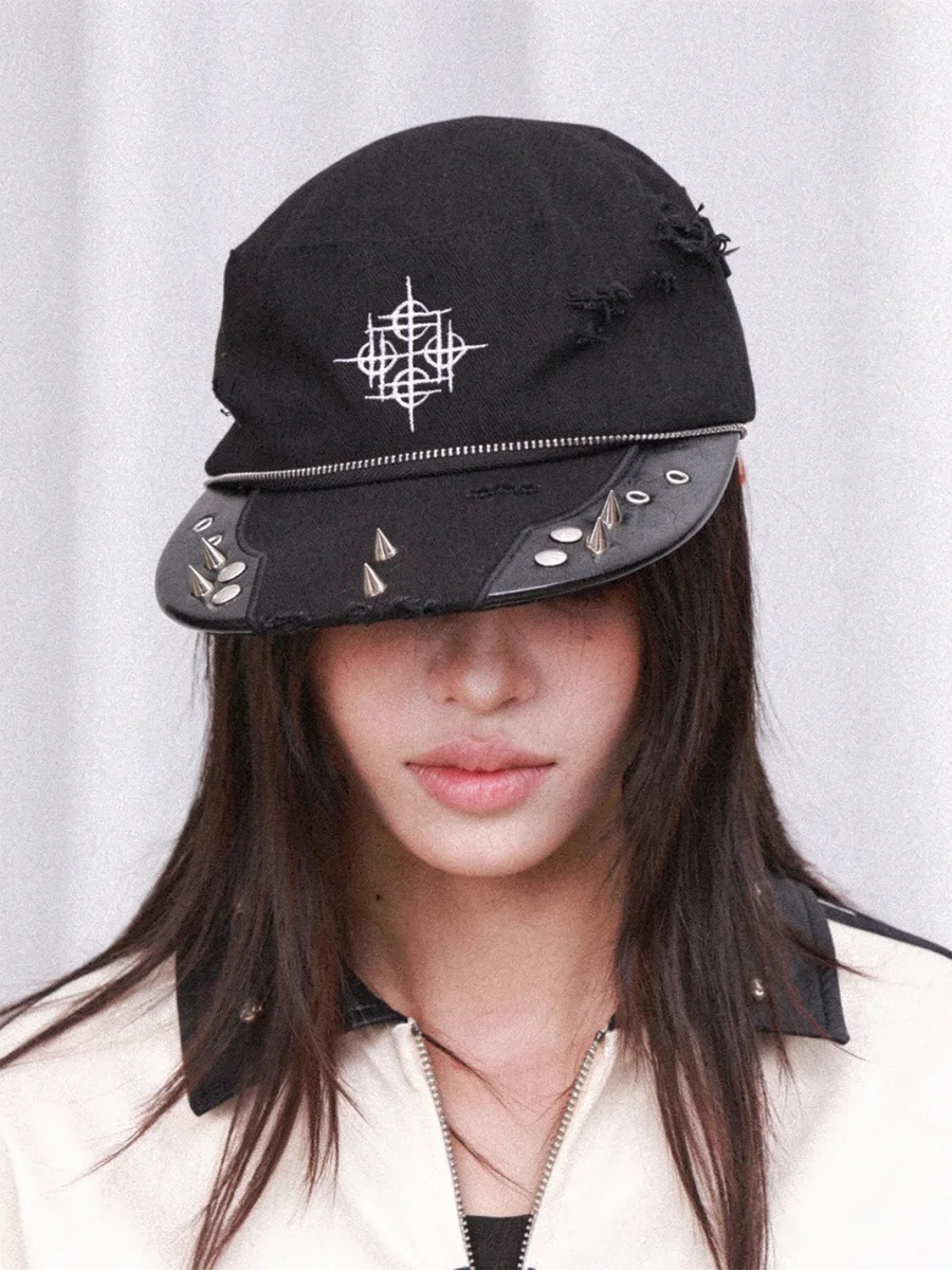 DETW | Distressed Embroidered Studded Zipper Flat-Top Baseball Cap - 2
