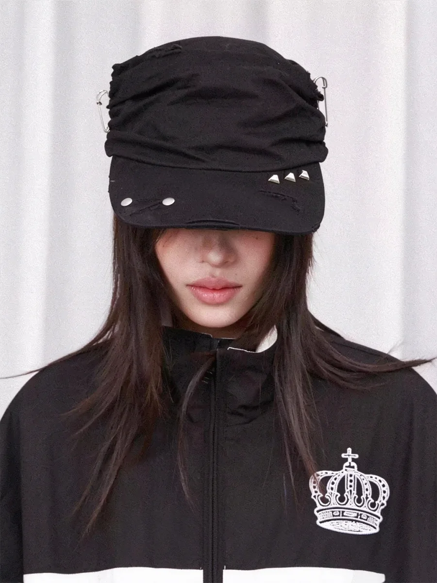 DETW | Studded Safety Pin Pleated Distressed Flat Top Hat - 4