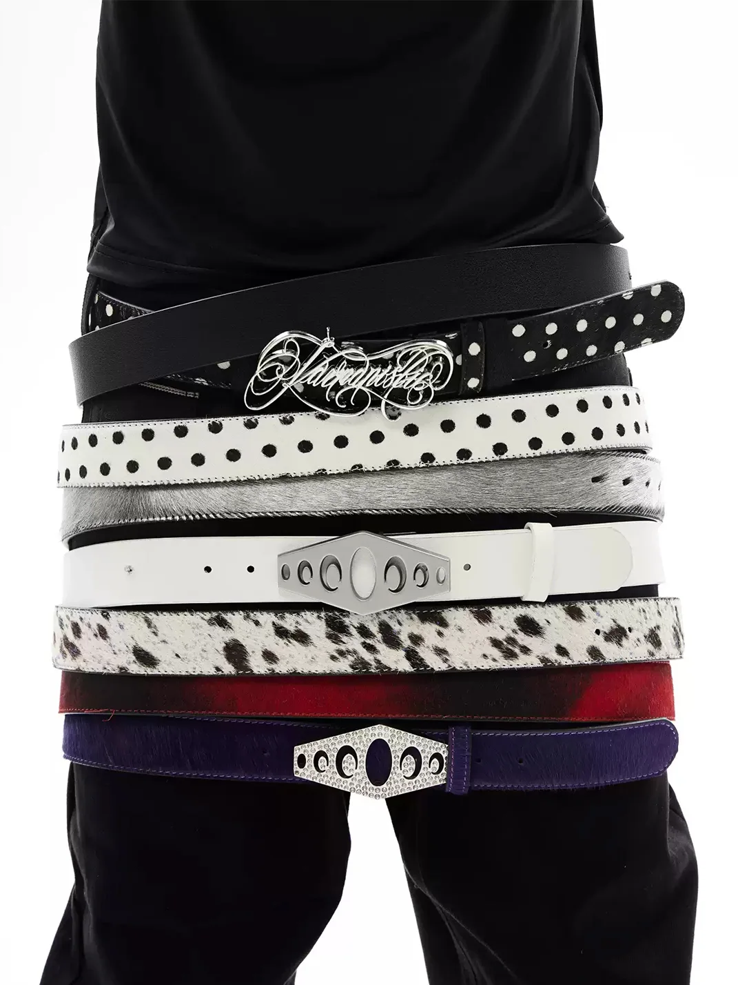 KARMANISTIC | Polka Dot Rhinestone Logo Leather Belt