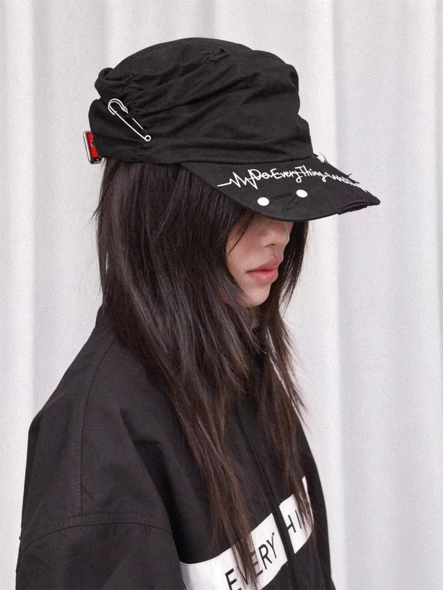 DETW | Studded Safety Pin Pleated Distressed Flat Top Hat - 2