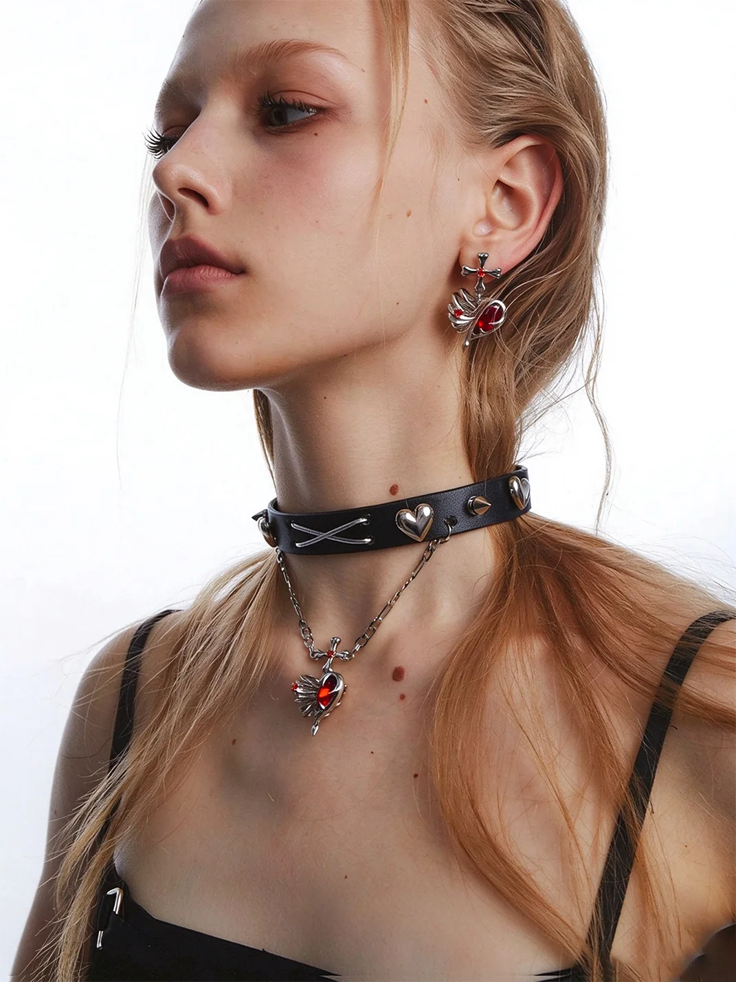 OCTO VITA | PU Leather Studded Cutout Heart Pendant Choker