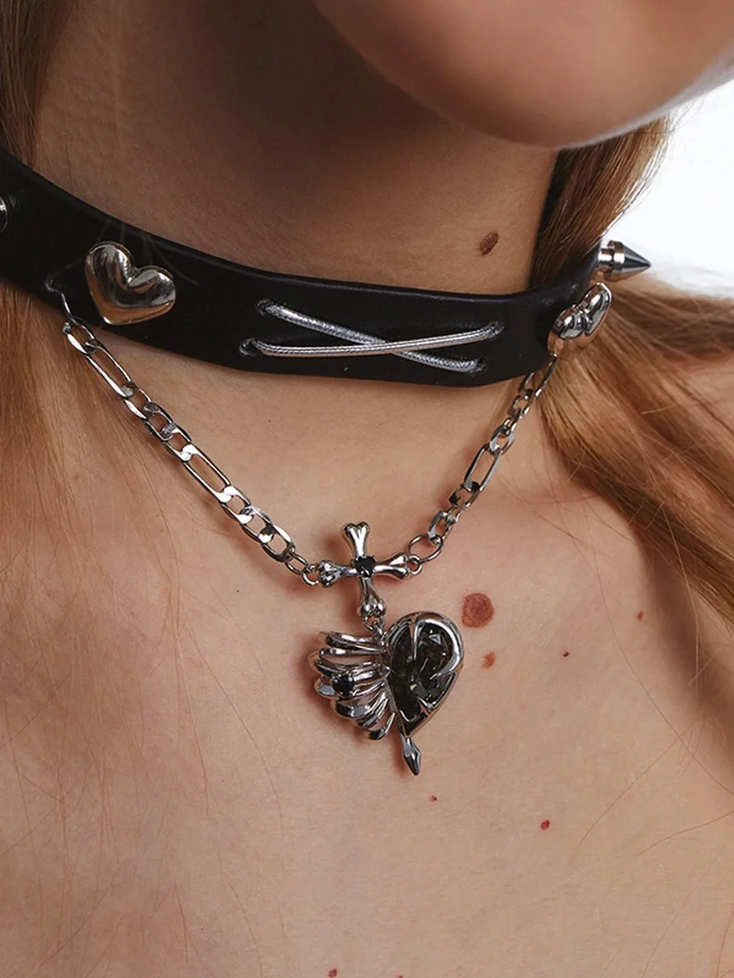 OCTO VITA | PU Leather Studded Cutout Heart Pendant Choker