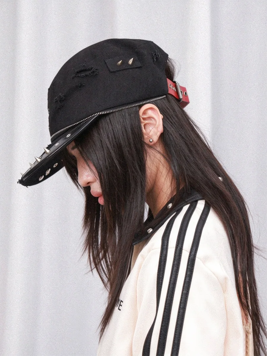 DETW | Distressed Embroidered Studded Zipper Flat-Top Baseball Cap - 3