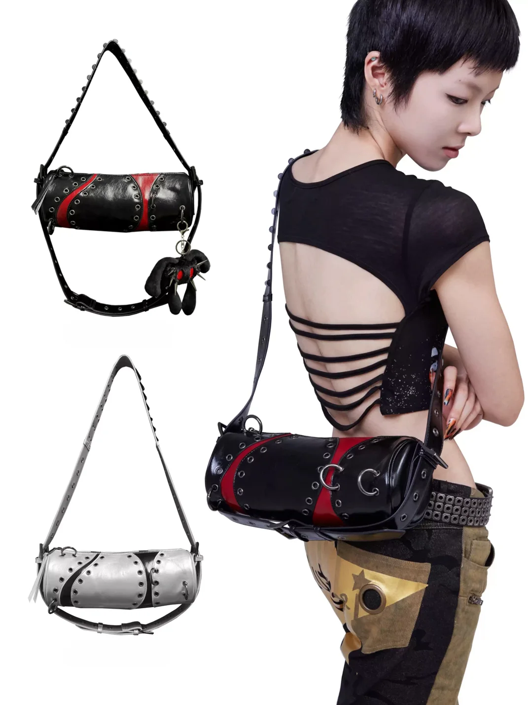 Antiphase | Studded Colorblock Cylinder Shoulder Bag With Adjustable Strap