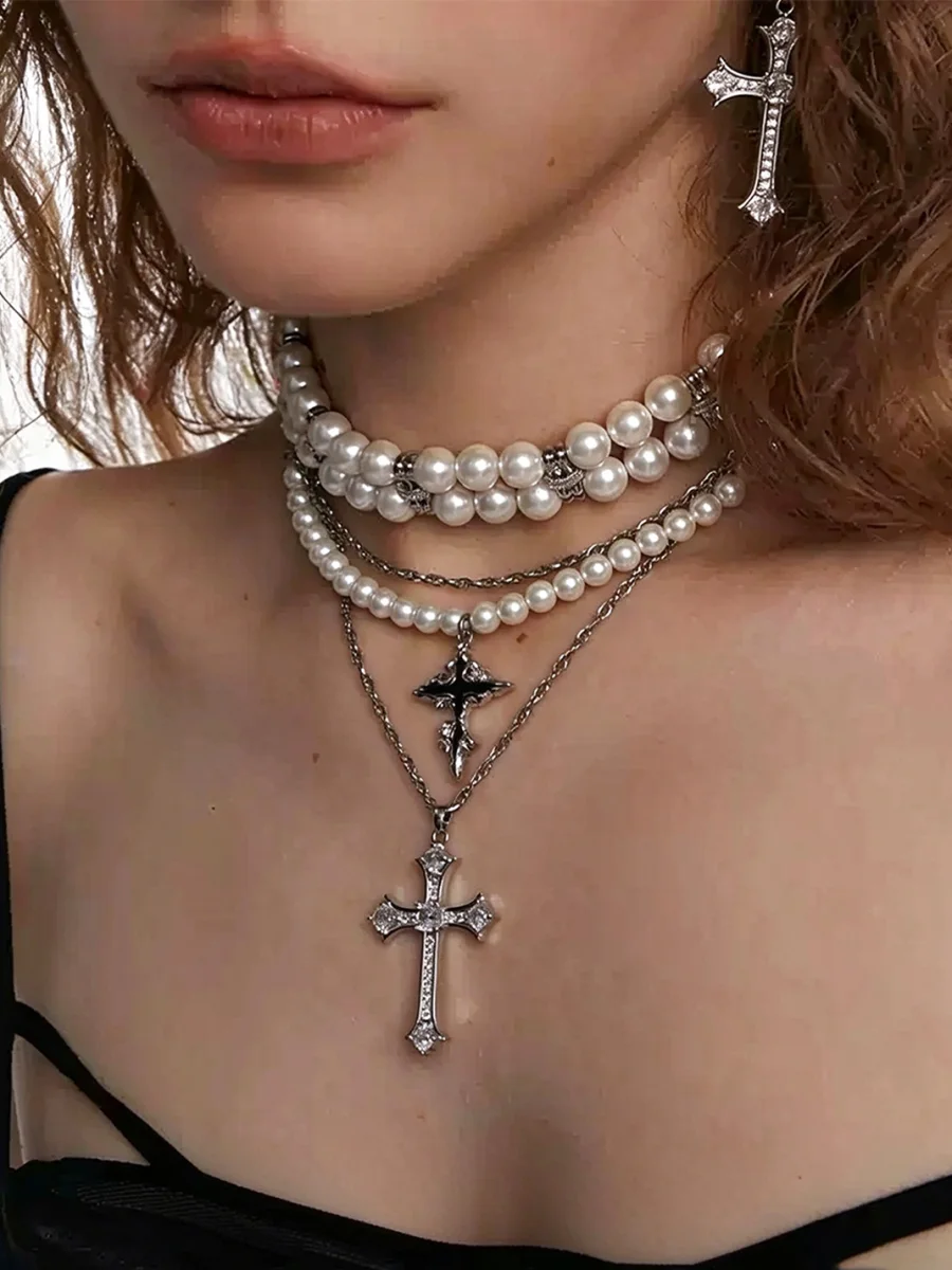 OCTO VITA | Three-Layer Pearl Cross Necklace - 2