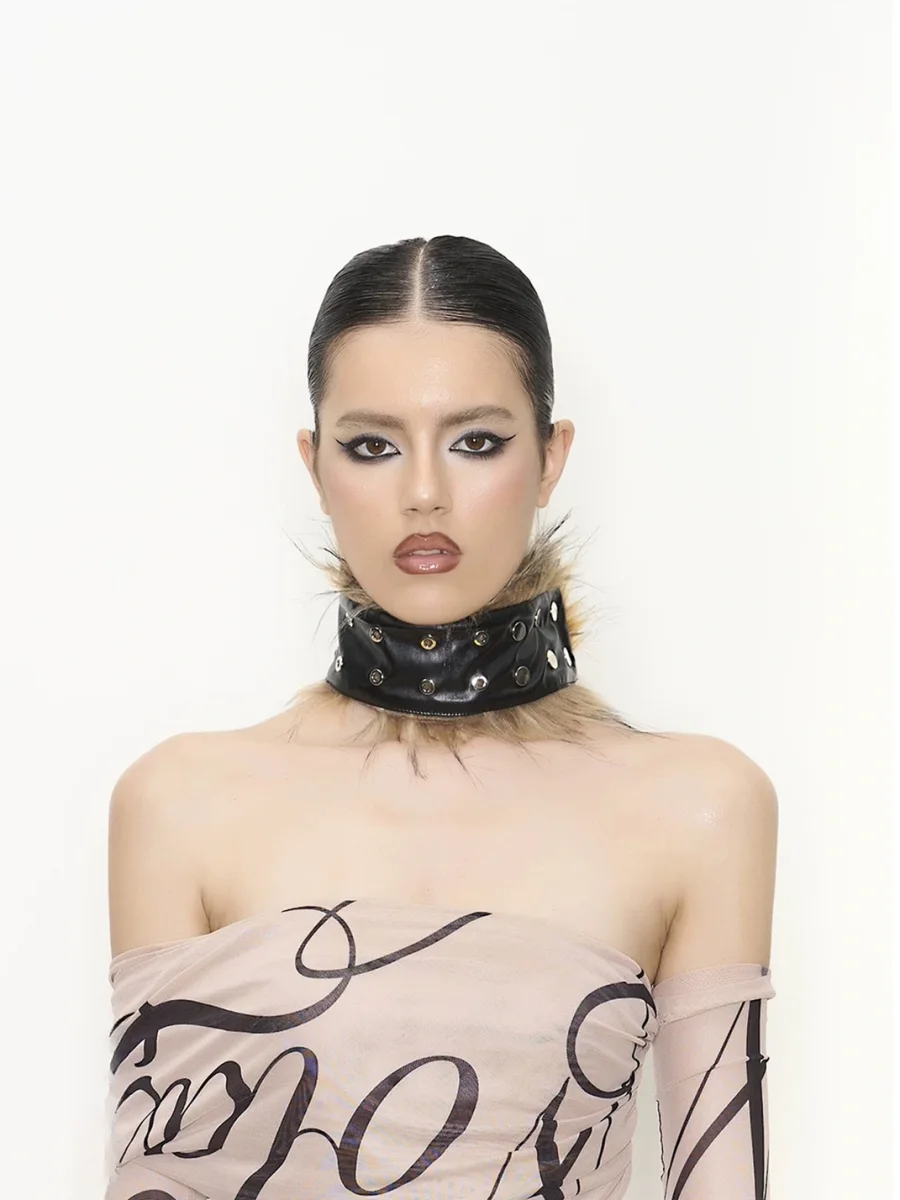 NOLA | Wide Studded Faux Leather Choker With Fur Trim - 2