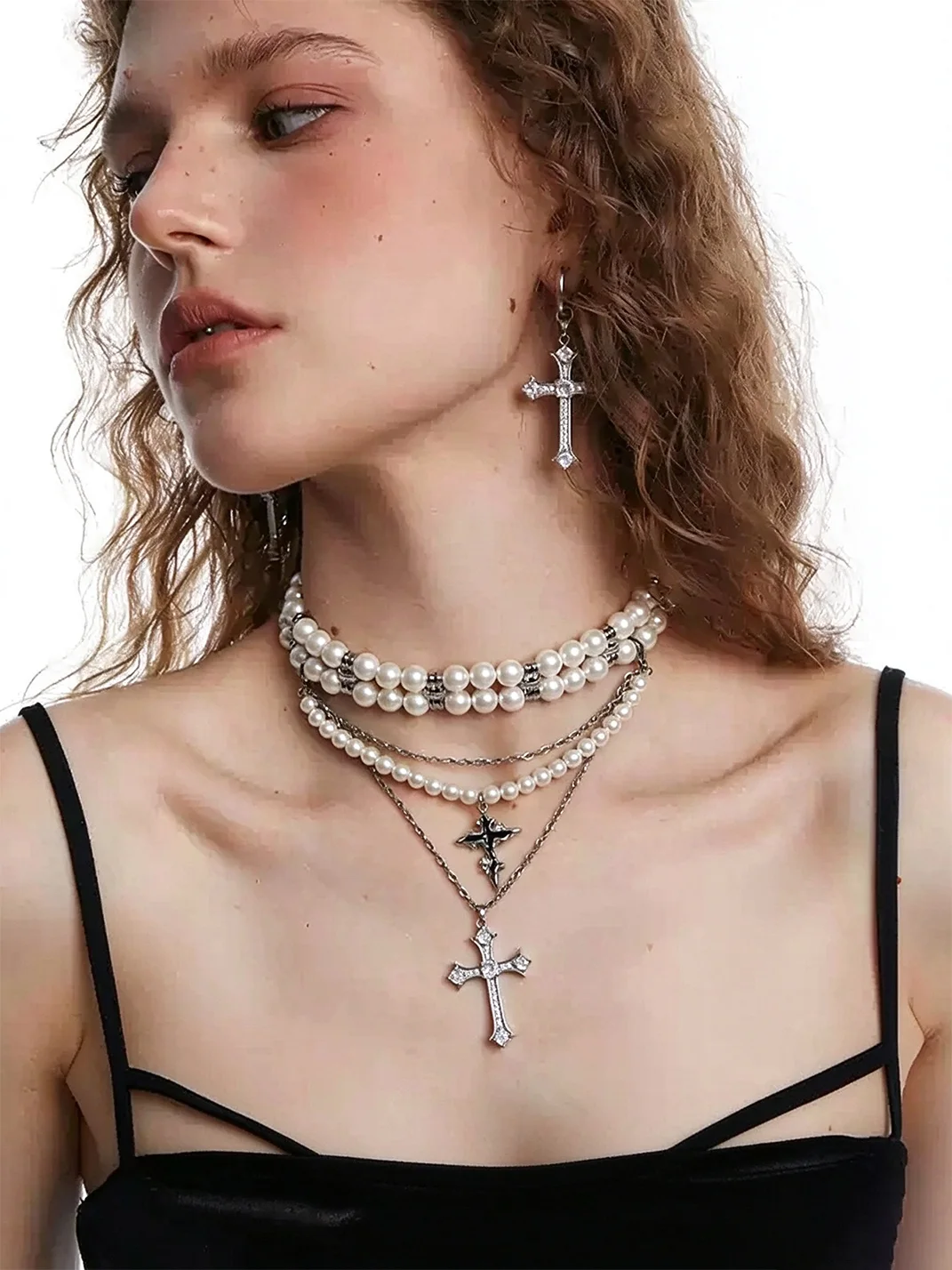 OCTO VITA | Three-Layer Pearl Cross Necklace