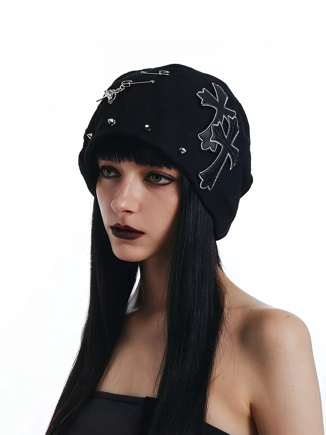 OCTO VITA | Black Cross Applique Studded Slouchy Knit Beanie
